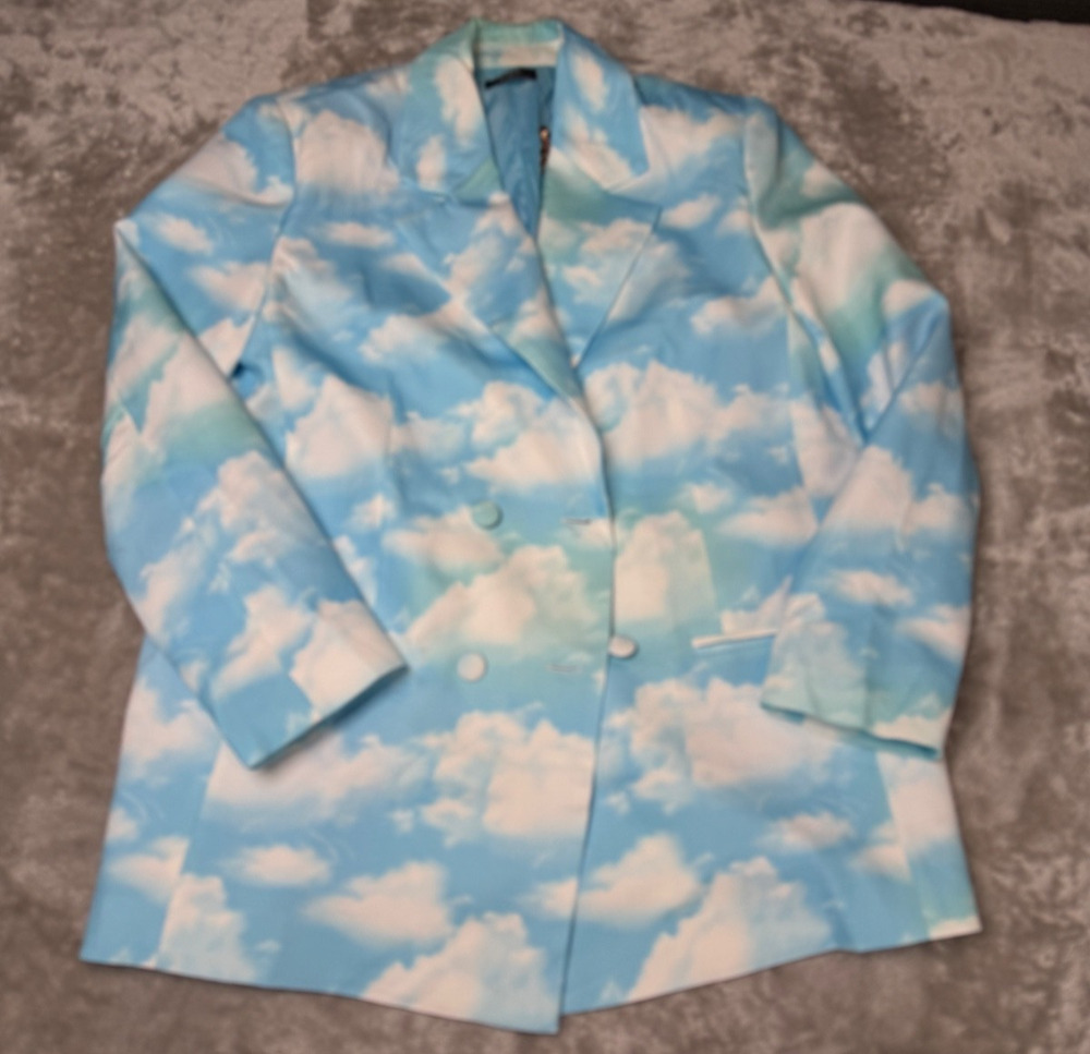 Dressed in LaLa Make Me Wanna Blue White Clouds Boyfriend Blazer Womens M NWT